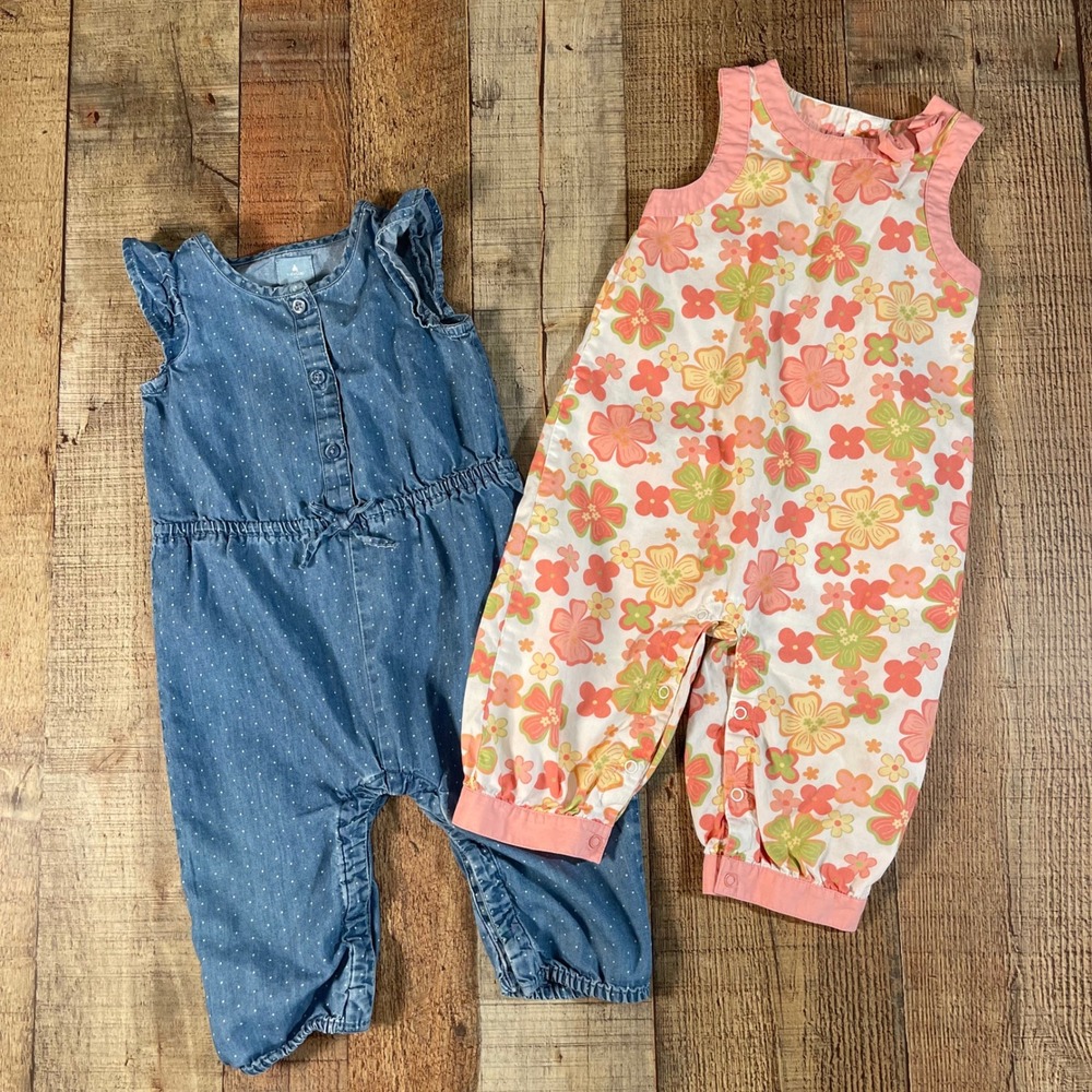 BabyGap Blue Polka Dot Denim & Gymboree Floral Romper Bundle 6-12M Bundle Lot